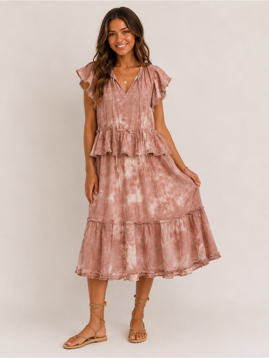Blu Pepper Dresses & Skirts - NWT Blu Pepper Tie Dye Swiss Dot Boho Midi Dress Large Pink Ruffle Cottagecore